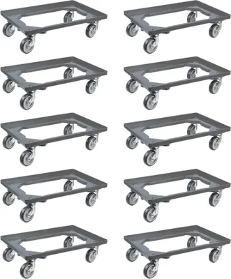 Produktbild von SparSet 10x Transportroller für Euroboxen 60x40cm mit Gummiräder grau | Offenes Deck | 2 Lenkrollen & 2 Bremsrollen | Traglast 300kg | Kistenroller Logistikroller Rollwagen Profi-Fahrgestell
