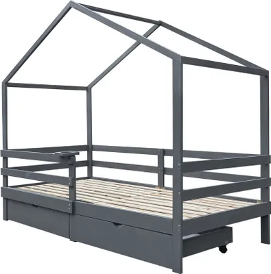 Produktbild von HOME DELUXE - Kinderbett Wolkenland mit Schubladen - 90 x 200 cm, Farbe: Grau, Kiefernholz, inkl. Rausfallschutz und Tonieboxhalterung I Kinderbettchen Jugendbett Babybett