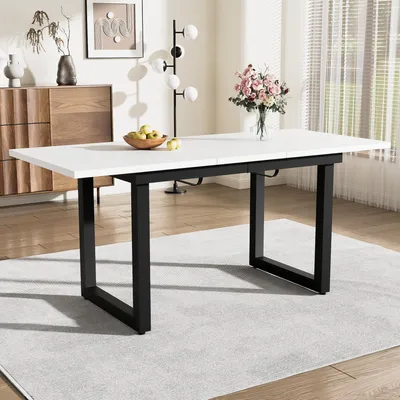 Obrázek produktu pro Rozkládací jídelní stůl, rozměry 140–180 x 80 x 75 cm, obdélníkový stůl z MDF s ocelovou konstrukcí, nastavitelnými protiskluzovými nohami, industriální styl v bílé a černé barvě