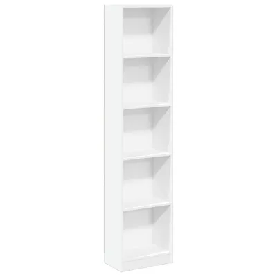 A tall, narrow white bookshelf with five shelves against a white background.