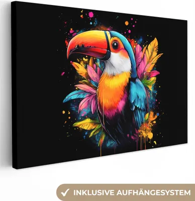 Produktbild von MuchoWow® - Leinwandbilder - Graffiti - Vogel - Tukan - Blätter, Wandbild, Wanddeko Bilder Wohnzimmer, 120x80cm