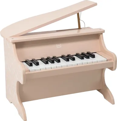 A pink toy piano with a lid open, showing the keys.