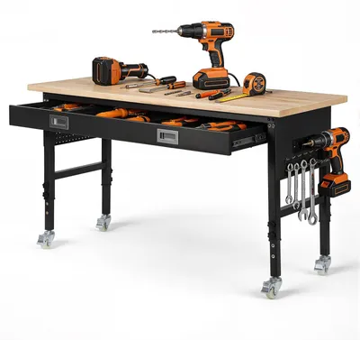 Produktbild von Werkbank - Werkstatttisch mit Lochwand - Traglast 680 kg - Höhenverstellbar 76-101 cm - Arbeitsfläche 152,4 x 61 cm - Mit Schublade & Steckdose - Mit Rollen
