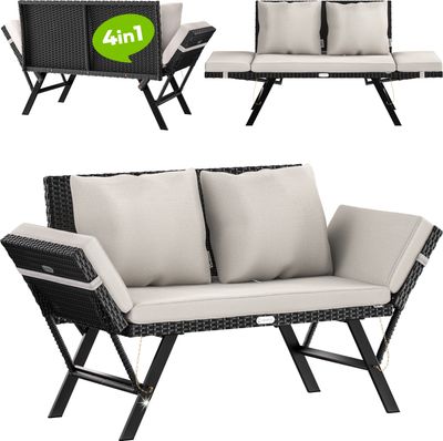 CASARIA® Polyrattan Gartenbank mit Liegefunktion Auflage Kissen Verstellbare Armlehnen Wetterfest Draußen Garten Terrasse Balkon Sofa Couch Liege Schwarz