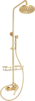 Image de Ensemble de douche à effet pluie - Système de douche - Pomme de douche 20 cm - Réglable en hauteur 85-132 cm - Laiton - Tuyau 1,5 m - Style vintage - Doré