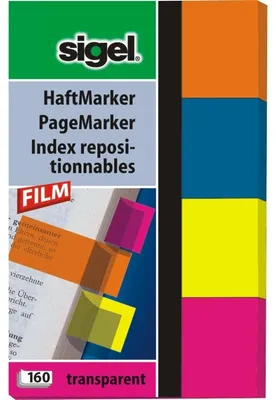Produktbild von SIGEL HN614 Haftmarker, Folie, orange, blau, gelb, violett, 50x20 mm, 160 Streifen