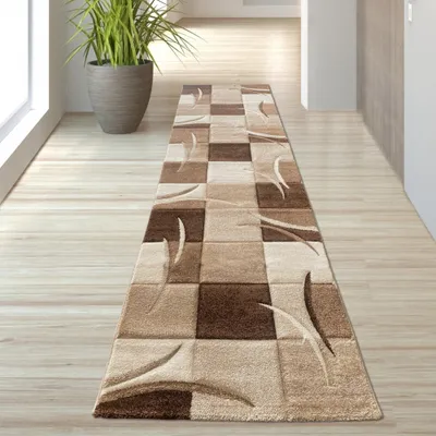 Zdjęcie produktu dla Designerski dywan z wycięciami konturowymi, wzór w kratkę, kolor brązowy, beżowy i mokka, wymiary – 80 x 300 cm