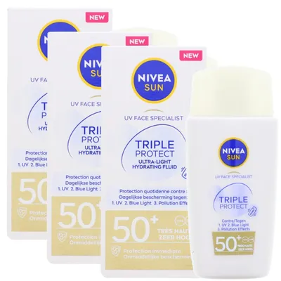 Produktbild von 3x NIVEA SUN Triple Protect LSF50+ tägliche Sonnenpflege mit Hyaluronsäure je 40ml