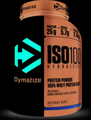 Produktbild von Dymatize ISO 100, Pulver, Hydrolisiertes Molkenprotein, Molkenprotein isoliert, Kuchen, L-Alanin, L-Arginin, L-Asparaginsäure, L-Cystein, L-Glutaminsäure, L-Glycin, L-Histidin,..., Hydrolized whey protein isolate (milk) (50%), whey protein isolate (milk) (45%), emulsifiers..., 25 g