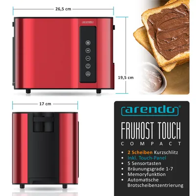 Produktbild von Arendo Toaster Wärmeisoliertes Doppelwandgehäuse, Display mit Restzeitanzeige, 2 kurze Schlitze, für 2 Scheiben, 800 W, Touchpanel, Brötchenaufsatz, 7 Bräunungsgrade