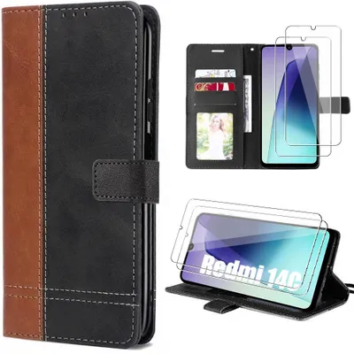 Image de Coque + 2 Verres Trempés pour Xiaomi Redmi 14C, Protection Anti-Rayures Effet Cuir Bicolore Marron/Noir