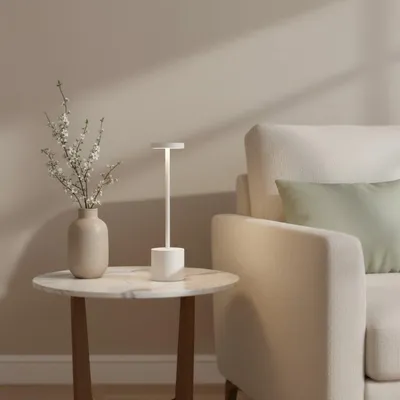 Productafbeelding van OMNIEXA Tafellamp - Mat Wit – Dimbaar & Draadloos –3 Lichtstanden –LED Designlamp met TouchControl – Tafellamp voor Woonkamer, Slaapkamer 34cm