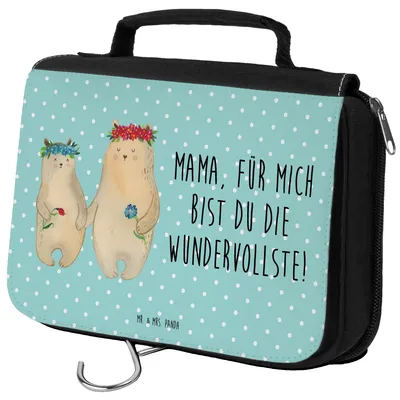 Produktbild von Mr. & Mrs. Panda kosmetiktäschchen Bären mit Blumenkranz - Türkis Pastell - Geschenk, Waschtasche, Family, Kosmetiktasche, Töchter, Necessaire, Tochter, Muttertag