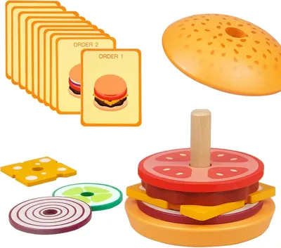 Image de Jouets en bois Montessori – Hamburgeois et blocs alimentaires, jouets d'éveil moteur à partir de 3 ans, pour garçons et filles