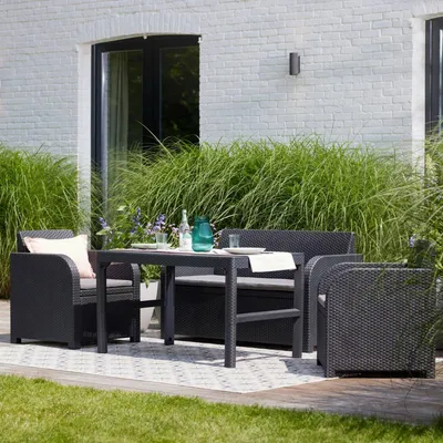 Produktbild von Dmora Set Gartenmöbel Joliette Schwarz Anthrazit, 3-Sitzer mit Tisch
