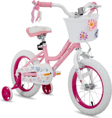 Produktbild von HILAND 14 Zoll Mädchen Kinderfahrrad mit Korb & Bändern, Vorderen Zangenbremse & Rückwärtige Pedalbremse, Stützräder, Hell-Pink