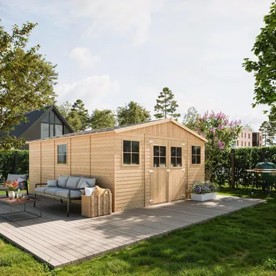 A wooden garden shed with double doors and windows, set on a wooden deck in a backyard with furniture and greenery.