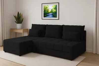 Image de AX LIVING Canapé d'angle noir petit modele avec fonction sommeil Dolceo piqué
