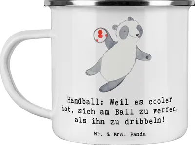 Produktbild von Mr. & Mrs. Panda Emaille Becher Handball Action - Weiß - Geschenk, Sportler Geschenke, Taktik, Tasse, Teetasse, Adrenalin, Haferl, Teamsport, Intensität, metallbecher