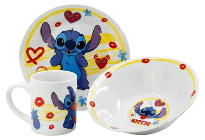 Produktbild von Kindergeschirr Set aus Teller, Schüssel und Tasse aus Keramik in Geschenkbox von Stitch