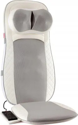 A white and gray massage mat with a controller.