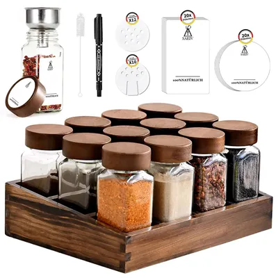 Image de Étagère à épices en bois d'acacia - Avec 12 pots à épices de 120 ml en verre borosilicaté - Sans BPA - Étiquettes incluses - 1 étage - Marron