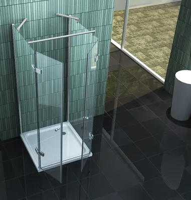 A modern bathroom with a glass shower enclosure.