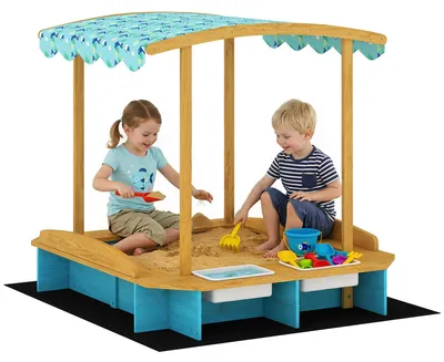Image de Bac à sable pour enfants - Bac à sable en bois avec toit - 3 bancs - 2 boîtes de rangement - Tapis de sol - 128 x 118 x 121 cm - Bleu