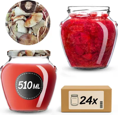 Zdjęcie produktu dla Słoiki do wekowania KADAX 510 ml z zakrętką fi82mm, słoiki z zakrętką, słoiki do wekowania, słoiki do przechowywania miodu, owoców i warzyw, słoiki do wekowania (grzyby, 24 sztuki)