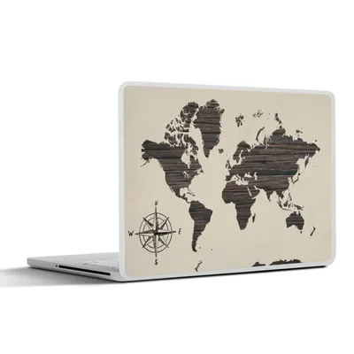 Produktbild von MuchoWow® Laptop Aufkleber Sticker Cover Weltkarte - Holz - Kompassrose 31x22.5 cm - Laptop-Deko