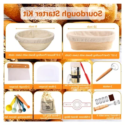 Produktbild von Brotbackset mit 2 Gärkörben (24 cm rund & 25 cm oval), inkl. Sauerteig-Glas, Brotschneider, Teigschaber und dänischem Schneebesen – Starterkit für das Brotbacken