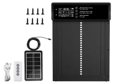 Produktbild von Automatische Hühnerklappe (1 Stück) – Automatischer Hühnerklappenöffner für Hühner – Schwarz – Mit Timer – Batteriebetrieben – Inkl. Montagesatz