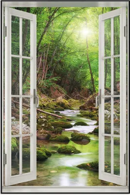 Produktbild von Wallario Wandbild mit Fenster-Illusion: Fluss im Wald, Größe: 61 x 91,5 cm, Poster mit schwarzem Aluminiumrahmen