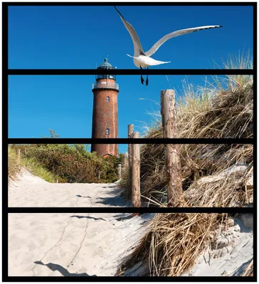 Produktbild von Wallario Möbelfolie / Aufkleber, geeignet für Ikea Malm Kommode mit 4 Schubfächern - Möwe am Strand mit Leuchtturm