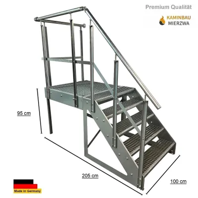 A galvanized steel staircase with a platform and railing, shown against a white background with dimensions indicated.