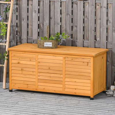 Produktbild von Gartenbox Kissenbox Massivholz, Gartentruhe Tannenholz, wetterbeständig, klappbar, Gelb | 127 x 56 x 60 cm | 16 kg | Lattendesign mit Belüftung