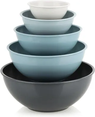 Immagine prodotto di Set di 5 ciotole in plastica senza BPA – 5 misure – Ciotole lavabili in lavastoviglie per cucinare, preparare insalate e servire – Beige/Blu/Grigio