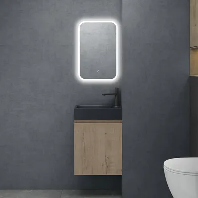 Immagine prodotto di doporro Set Mobile Bagno con Lavabo e Specchio LED Mobiletto Bagno Sospeso per WC Ospiti 46x26x63cm Rovere chiaro, Lavabo da Parete Antracite Opaco, Seria Pisa02