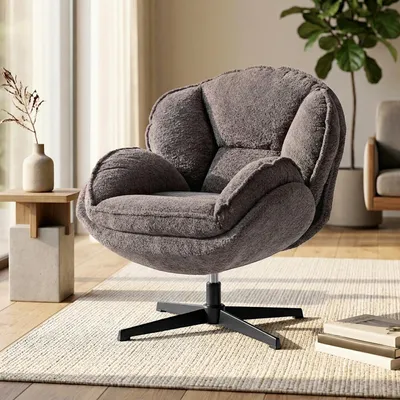 Produktbild von Akzentstuhl Drehsessel Polyester S-Federn, Sessel drehbar 360° Wingback-Design Samt, Grau  |  Vier-Sterne-Basis  |  bis 120 kg  |  86x76x88 cm
