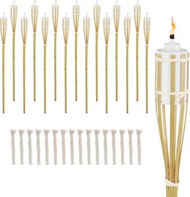 Produktbild von Relaxdays Gartenfackel, 16er Set, Bambus, H: 90 cm, Ölfackeln für draußen, mit Ersatzdochten, Gartenparty Deko, natur