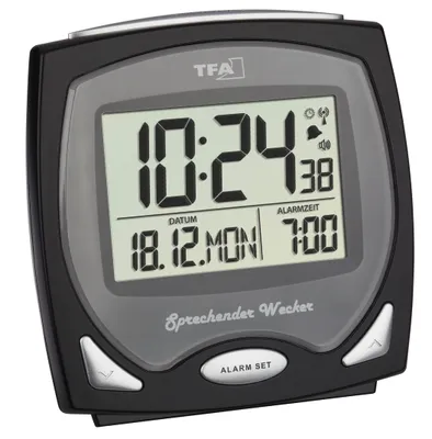 A digital alarm clock with a black casing and a gray display showing the time, date, and alarm settings.