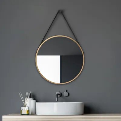 Produktbild von Wandspiegel rund Talos Gold Style Matt Ø 50 cm – Badspiegel mit Aufhängegurt in Lederoptik – hochwertiger umlaufender Aluminiumrahmen in gold – Badezimmerspiegel