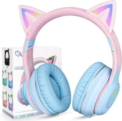 Produktbild von Kopfhörer Kinder, Mit Katzenohren, Mädchen Mit LED-Licht, Faltbare Stereo Kabellose Kinderkopfhörer mit Mikrofon,Micro SD/TF für PC/Handy/iPad/Tablet