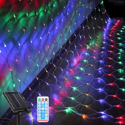 Produktbild von Ikodm LED Solar Lichternetz 3x2M Bunt Lichterkette Weihnachtsbeleuchtung Lichtervorhang Party Deko 8 Lichtmodi 240 LEDs
