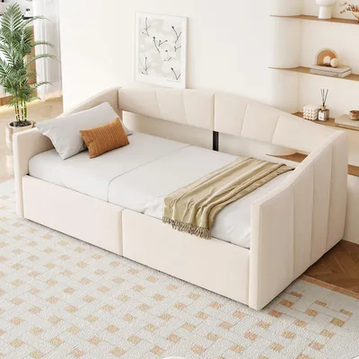 Image de OKWISH Lit Banquette 90x200 cm - Lit Convertible avec Rangement Hydraulique, Tissu Velours Beige, Sommier Inclus - sans Matelas