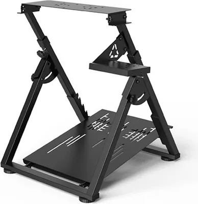 A black, foldable steering wheel stand is shown against a white background.