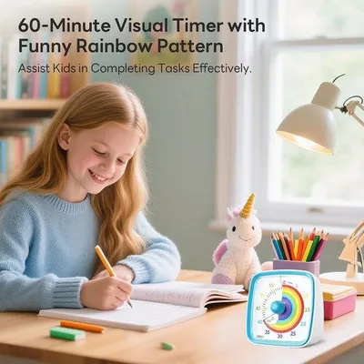 Obrázek produktu pro Hodiny pro děti i dospělé, 60minutový časovač s tichou blikající funkcí, design inspirovaný duhou, vhodné do školních tříd, do domácnosti i do kuchyně (modrá)