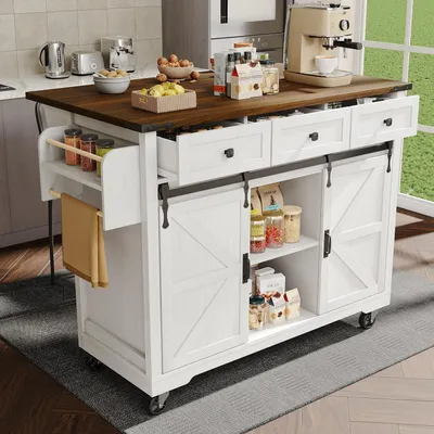 Immagine prodotto di Carrello servitore per cucina con isola, dotato di piano di lavoro estraibile su ruote, colore beige, dimensioni 140x45x94 cm