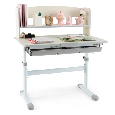 A children's desk with a shelf and accessories.