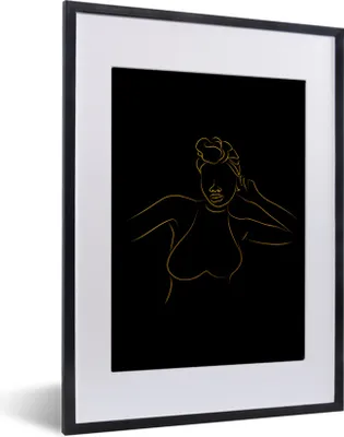Produktbild von MuchoWow® Gerahmtes Poster Frau - Schwarz - Gold - Strichzeichnung 30x40 cm - Poster mit Schwarzem Bilderrahmen Wandposter Rahmen Foto Bilder - Wandposter Schlafzimmer